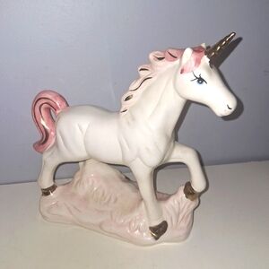 Pretty Vintage TAIWAN Unicorn Figurine White Pink 8" Porcelain Mystical